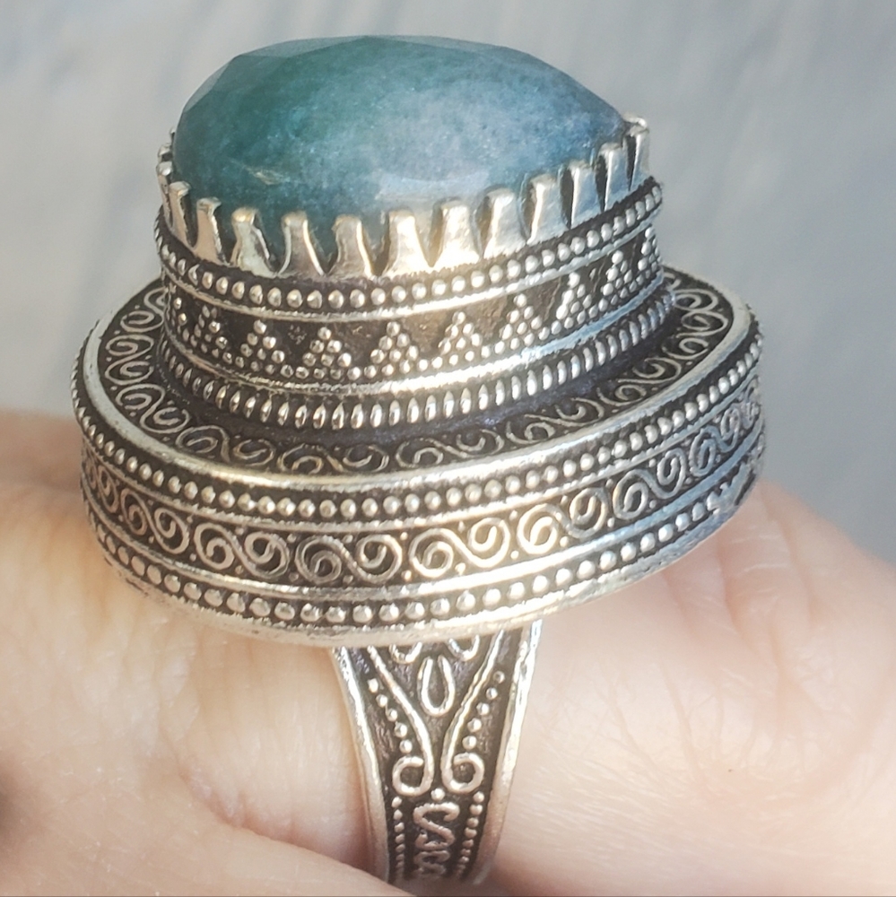 New Green Aventurine Antique Design 925 Silver Statement Ring.